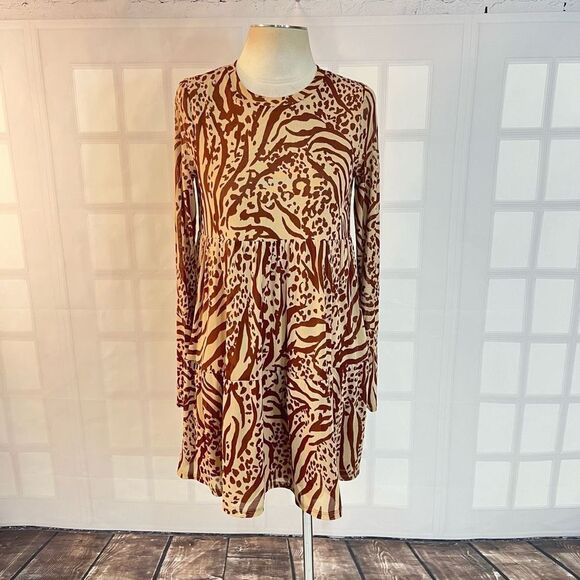🔥🔥5 for $25🔥🔥 AFRM brown tan animal print long sleeve babydoll mini dress - Picture 4 of 13